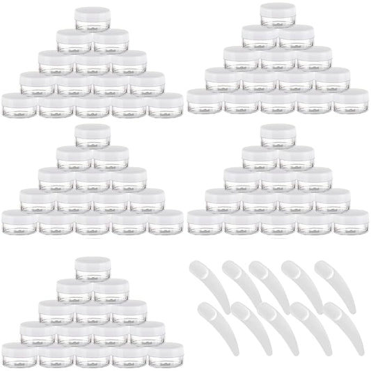 Refillable Cosmetic Sample Jars - 100 Pack 10g (0.35oz) White Small Travel Containers with Lids + 10 Mini Makeup Spatulas - BPA Free