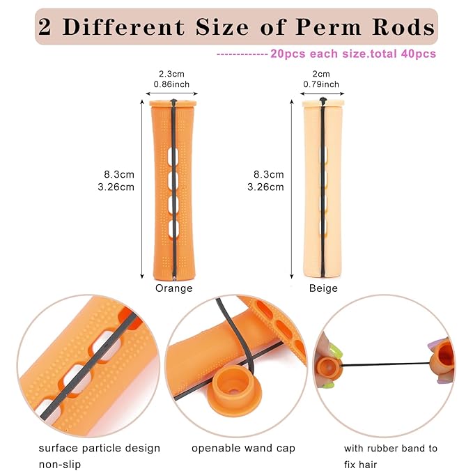 40PCS Perm Rods Set,Orange Perm Rods For Short Hair 2 Sizes Plastic Cold Wave Rods For Hair Styling Hairdressing Tools(40PCS,Orange+Beige)