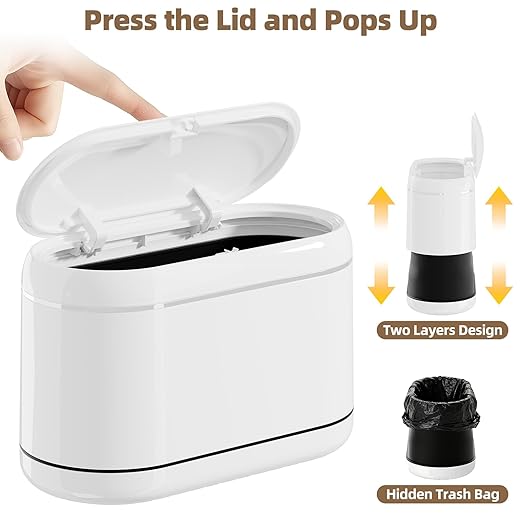 Mini Trash Can for Desk with 5 Rolls of Trash Bags, Small Press-Top Countertop Garbage Bin, Removable Waste Basket for Bedroom, Vanity, Coffee Table, Kitchen (White Full-Lid)
