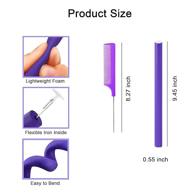 Flexible Curling Rods, 30Pcs Flexirods Long Flexible Heatless Twist Bendable Foam Hair Curls for Long Medium Short Hair, Combs - Rubber, Purple, Blue ( 9.45 x 0.55 inch ), 32 Count