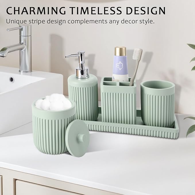 XLHOMO 8-Piece Light Green Bathroom Set - Resin Bathroom Accessories Sets Complete with Shower Curtain and Rugs, Soap Dispenser, Toothbrush Holder, Tumbler & Vanity Organizer