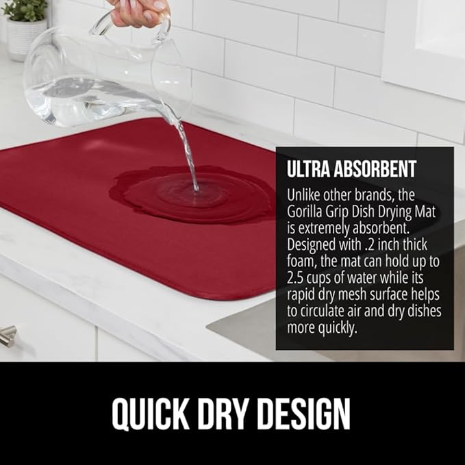 GORILLA GRIP Ultra Water Absorbent Microfiber Dish Drying Mat, Quick Dry Thick Mesh, Slip Resistant Pad for Sink Dishes or Under Rack, Kitchen Counter Accessories, Machine Wash Mats, 18x16 Inch, Red