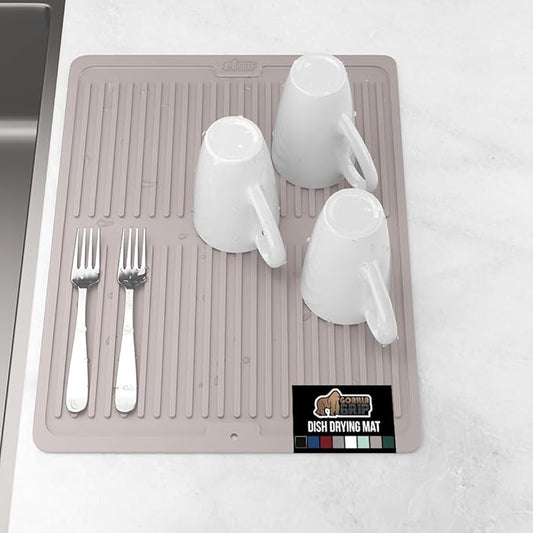GORILLA GRIP 100% BPA-Free Patented Silicone Dish Drying Mat for Kitchen Counter, Water Catching Ribbed Design, Easy Clean Waterproof Sink Liner, Heat Resistant, Fits Under Rack, 12x16 Inch, Almond