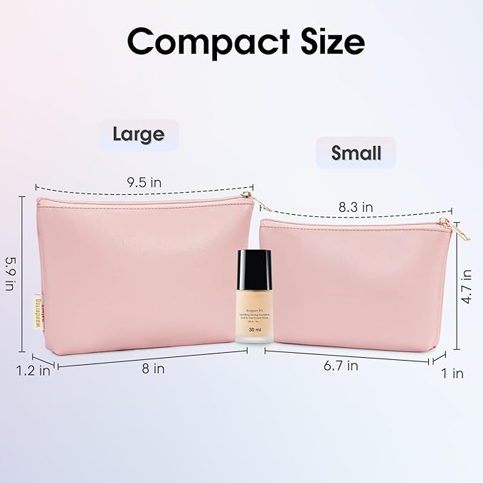 Wandering Nature Makeup Bag Small Cosmetic Bag for Purse 2 Pack Small Make Up Pouch Vegan Leather Cute Travel Pouch with Zipper for Women, Pink