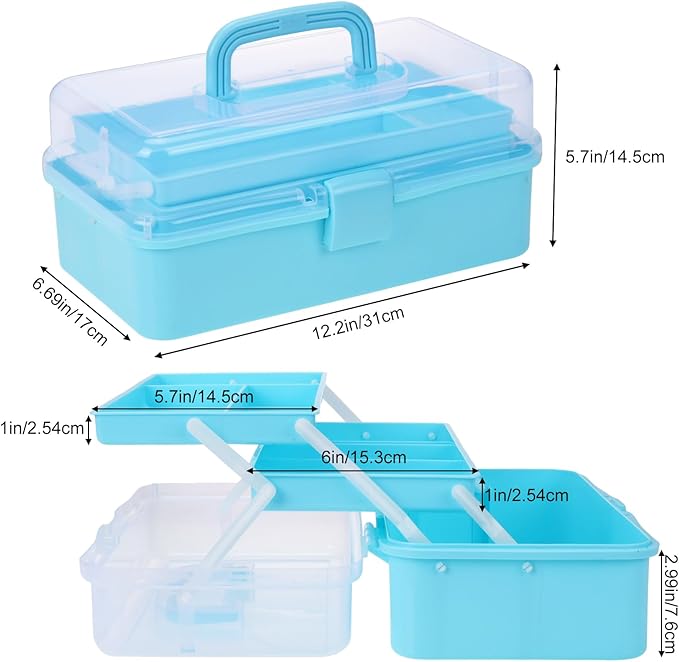 OUTUXED 12.5inch 3-Layer Multipurpose Craft Organizers, Portable Folding Toolbox, Plastic Tool Box with Handle for Sewing Supplies, Medicine, Art Supplies, Nails and Hair Accessories(Blue)
