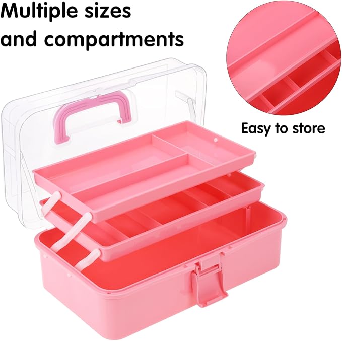 OUTUXED 12.5inch 3-Layer Multipurpose Craft Organizers, Portable Folding Toolbox, Plastic Tool Box with Handle for Sewing Supplies, Medicine, Art Supplies, Nails and Hair Accessories(Pink)