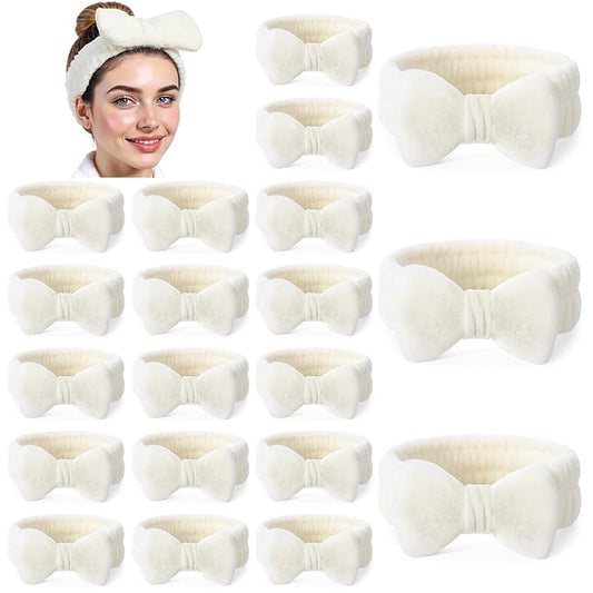 20 Pcs Spa Headband, Fluffy Bow Tie Headband for Washing Face & Makeup, Skincare Headbands for Women Non-slip Coral Fleece Headbands,Gifts for Women and Teen Girl Gifts Trendy Stuff (White)