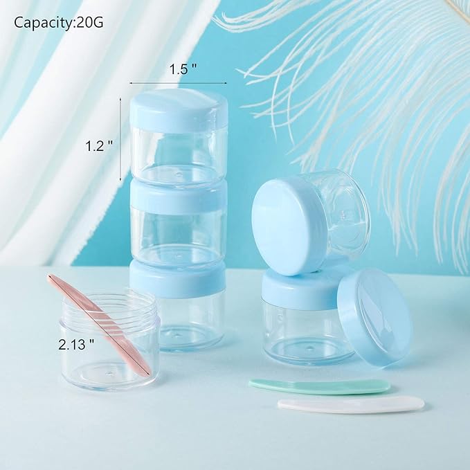 Refillable Cosmetic Sample Jars - 100 Pack 20g (0.7oz) Blue Small Travel Containers with Lids + 10 Mini Makeup Spatulas - BPA Free