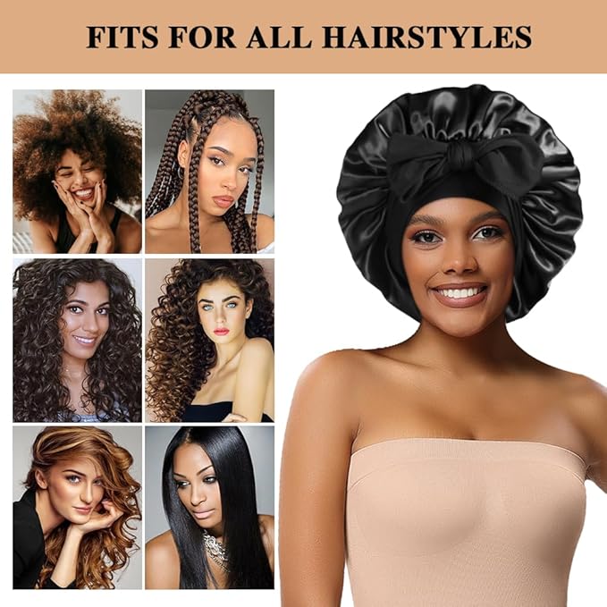 2+3 Large Satin Bonnets with Scrunchies for Women, Hair Bonnet Sleeping Tie Bonnet for Braids Curly Hair
