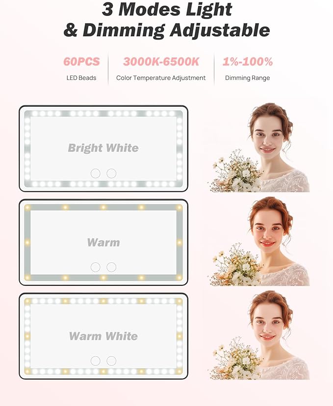 JOYTUTUS Car Sun Visor Vanity Mirror, Car Vanity Mirror With Lights, Makeup with 3 Light Modes & 60 LEDs, Rechargeable Dimmable Touch Control Travel Makeup for Truck SUV