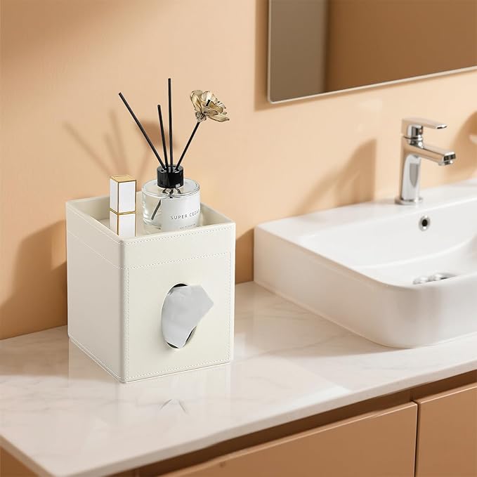 Tissue Box Cover, PU Leather Square Tissue Box Holder with Storage Tray for Bathroom Vanity Countertop Night Stands Bedroom Office Desk, Stylish Tissue Holder Decorative Organizer (Cream)