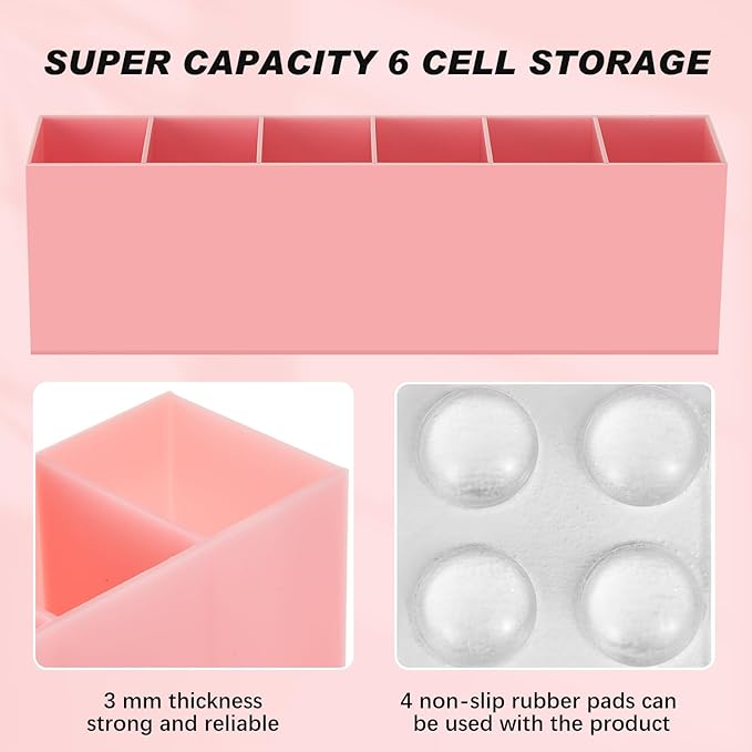 Jetec Acrylic Pen Holder 6 Compartments Makeup Brush Stationery Organizer Pencil Holder for Desk Accessories, Cosmetic Brushes, Dorm, Home, Bathroom, Kitchen, Office Supplies(Pink)