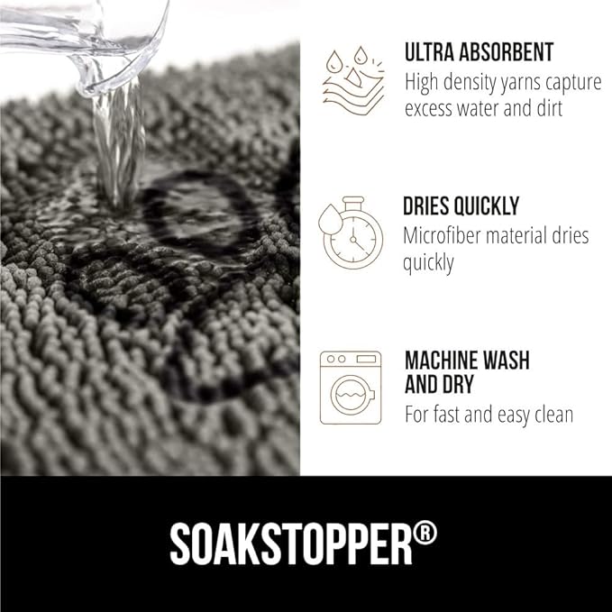 GORILLA GRIP SoakSTOPPER Dog Door Mat, 36x24 Machine Washable Rug Absorbent Doormat Captures Moisture Mud Dirt, Quick Dry Soft Chenille Entryway Rugs Indoor Entrance Mats for Dog Paws, Paw Grey