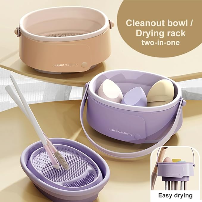 Foldable silicone makeup brush cleaning bowl, makeup tool cleaning bowl, makeup brush cleaning tool storage and drying rack(purple) (khaki)