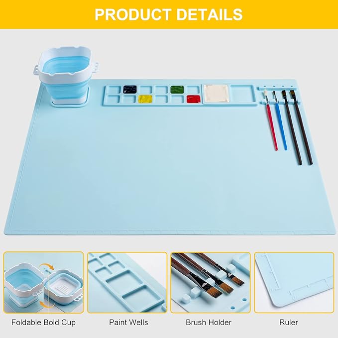Silicone Art Mat with Cup, Painting Mat for Crafts Resin Casting, Artist Mat with Pen Holders for Kids Gift, Clay, DIY Creations and Play Doh, Christmas Gift for Kids (Blue)