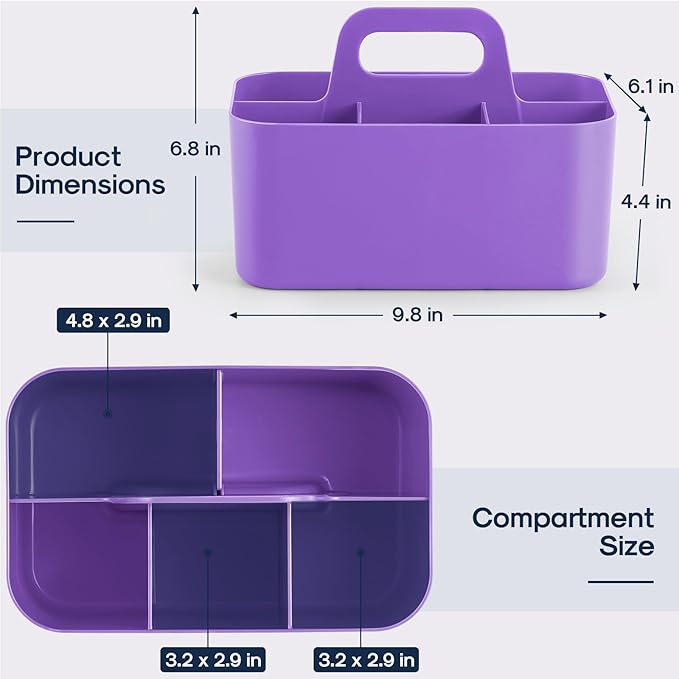 Multiuse Caddy Organizer with Handle, Stackable Plastic Tote Bin - Art Craft Supplies, Office, Desk, Stationery Pen Holder, Kitchen, Utensil, Makeup, Bathroom, Shower, Cleaning, Dorm Organizer, Purple