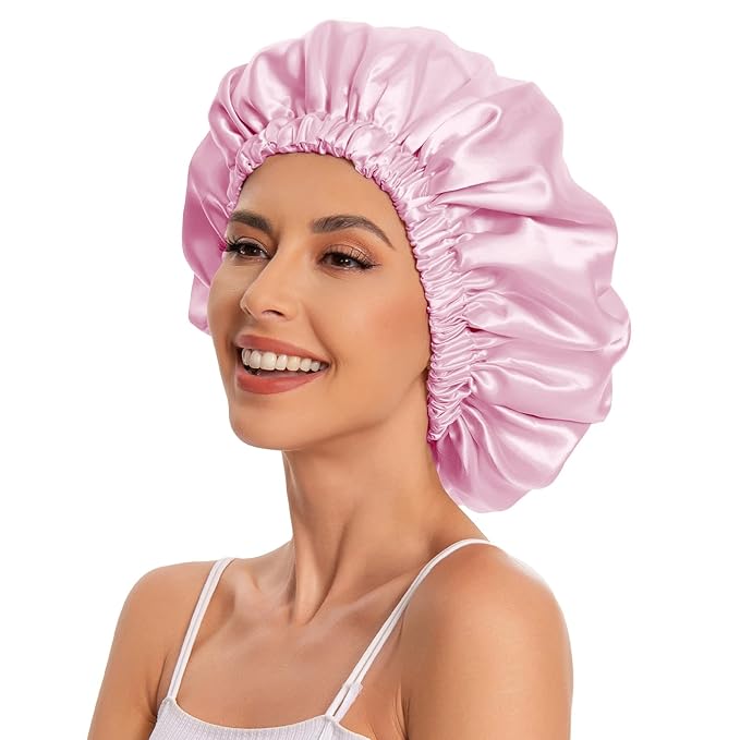 Satin Bonnet Silk Bonnet Hair Bonnet for Sleeping-Slouchy Beanie Hat Satin Sleep Cap for Women's Natural & Curly Hair(Dark Pink)