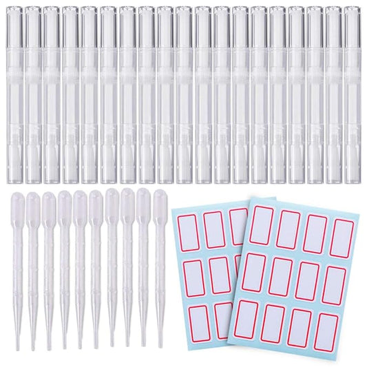 20 PCS Cuticle Oil Pens Transparent Twist Pens Cosmetic Container Empty Cuticle Nail Oil Pen With Brush Tip Lip Gloss Twist Pens Refillable Eyelash Growth Liquid Tube 10 Transfer Pipettes 2 Stickers
