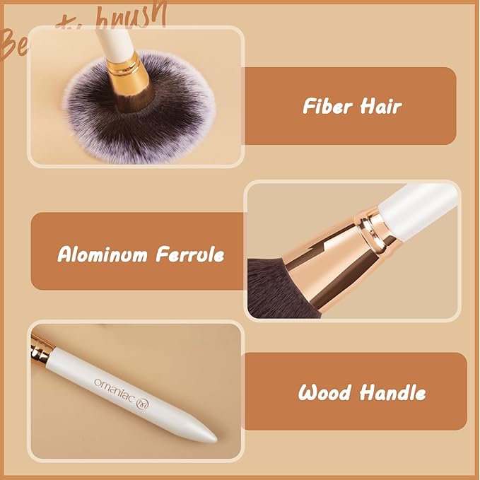 OMANIAC Makeup Brush Set Professional, 12 Pearlescent Wood Handle Makeup Brushes, Premium Cruelty-Free Synthetic Fiber Hair, Travel Make up Brushes Set with Case (White).