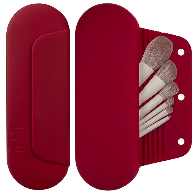 Silicone Makeup Brush Holder Travel Cosmetic Bag：Soft Portable Cosmetic Face Brushes Holder with Upgrade Anti-Fall Out Magnetic Closure, Large Travel Makeup Brush Case - Red