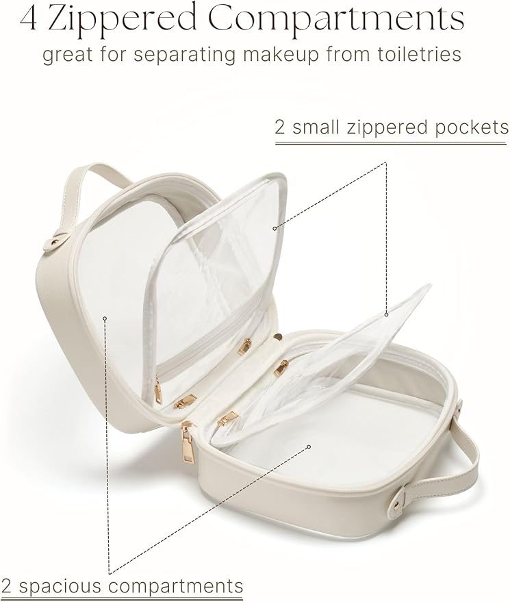 Clear Cosmetic Bag Double Layer Travel Toiletry Bag Clear Makeup Bag Case with 4 Compartments, Transparent Travel Bag for Toiletries, Large Toiletry Bag for Women Cosmetic Case (White, Large)