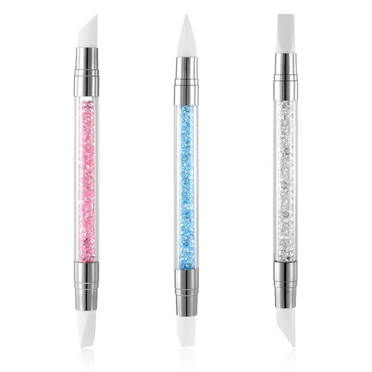 3 Pcs Nail Art Sculpture Pen, Dual Tipped Silicone Nail Tools, Silicone Head Acrylic Handle Nail Art Brushes, Rhinestone Nail Polish Carving Pen, Nail Art Tools for Home Salon(White, Pink, Blue)