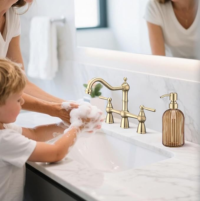 16 OZ Amber Glass Soap Dispenser, Amber Stripe Bathroom Hand Soap Dispensers with Stainless Steel Brushed Gold Pump,Brown Glass Kitchen Hand Soap Dispenser with Brushed Gold Pump