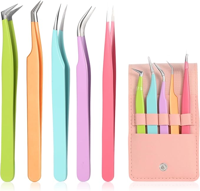 5pcs Eyelash Extension Tweezers High Precision，Straight and Curved Volume Lash Tweezers for Extensions，lash tweezers for eyelash extensions， Crafting， Girls Women Beginners