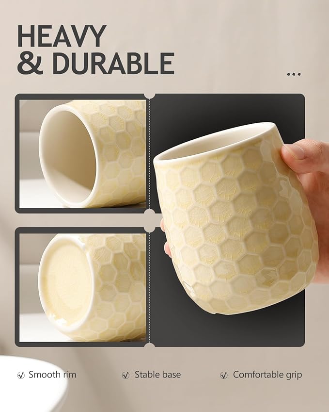 Toothbrush Holder, Tooth Brush Holder for Bathroom - Ceramic Toothbrush Cup Toothbrush Holders Countertop, Ice Cracks Yellow Makeup Brush Holder Pen Holder, 3.62" x 3.62" x 3.93", ANTIS'S HOME