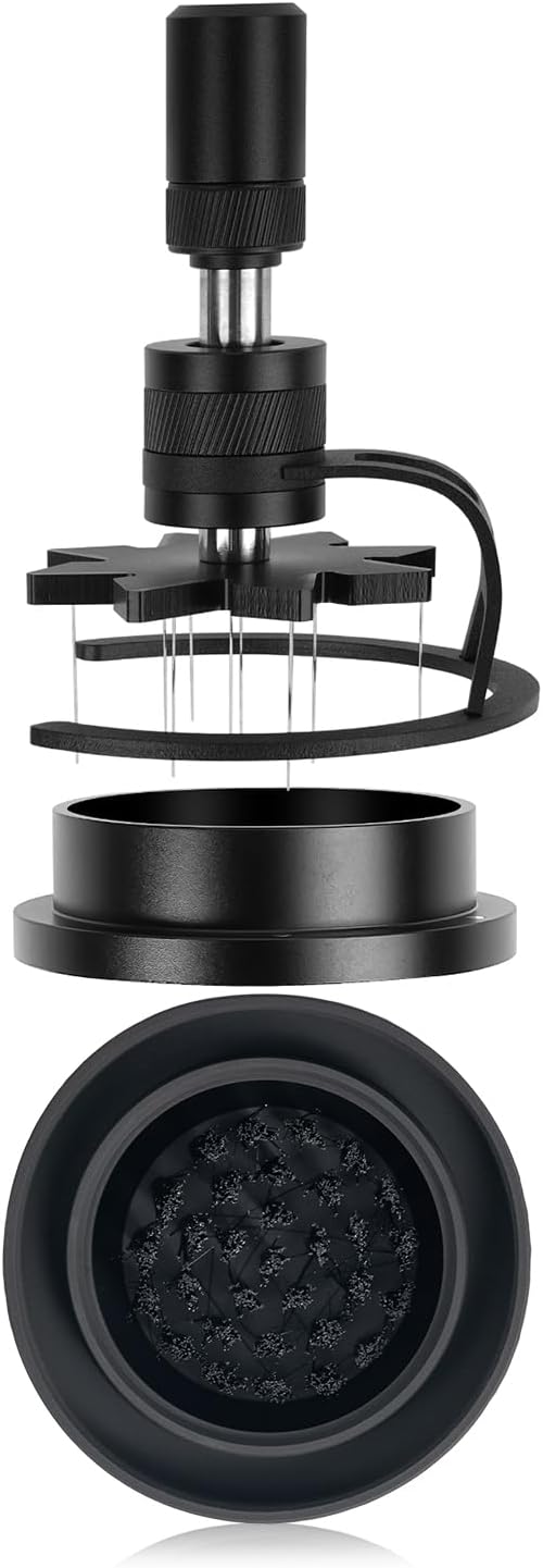 IKAPE 58MM WDT Tool, Espresso Stirrer Distribution Tool, Adjustable Needle Height, Coffee Stirrer with Dosing Funnel & Stand(With Brush)