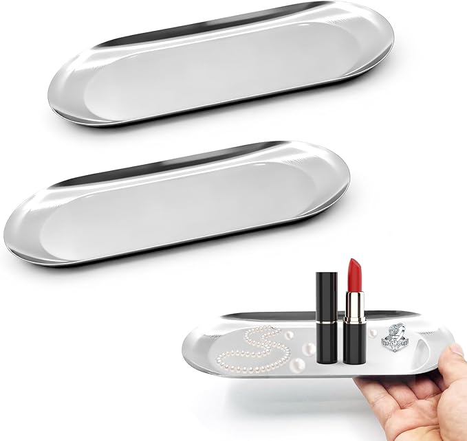 2 Pcs Modern Silver Stainless Steel Oval Decorative Trays, 8.7"L x 2.4"W x 0.4"H, Cosmetic & Jewelry Organizer, Mirror-Polished Finish, 2 Pack