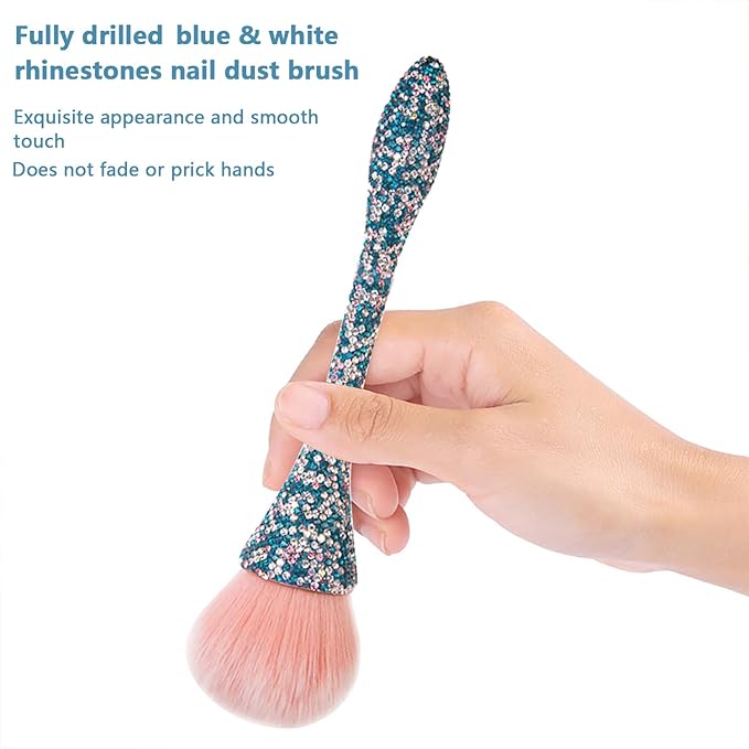 WOKOTO 1pcs Blue Shiny Rhinestone Nail Art Dust Brushes For Acrylic Nails Powder Remover Brushes Loose Face Cosmetics Blending Liquid Foundation Powder Make Up Brushes Nail Trimming Cleaning Tools