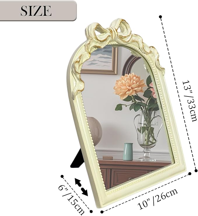 Cream Bow Mirror - 13x10 Inch Perfect Elegant Decorative Accent, Wall-Mounted Tabletop Makeup Mirror for Nursery Baby Room Bedroom Decor