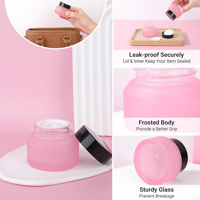 Segbeauty 1oz Frosted Glass Jar with Lid, Small Glass Containers for Lotion Cream Foundation, Refillable Travel Bottles for Toiletries 4pcs 30ml, Pink Empty Travel Size Containers with Spatulas