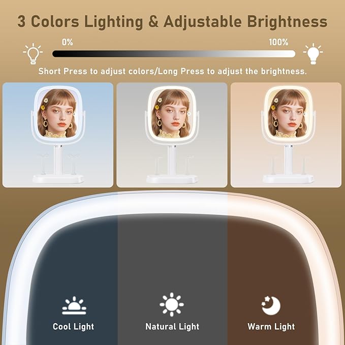 Vanity Mirror with Lights, Rectangular Lighted Makeup Mirror with 3 Color Lights, 1X/10X Magnification, Adjustable Height, 360° Rotation, 4000mAh Rechargeable for Desk, Gifts for Women