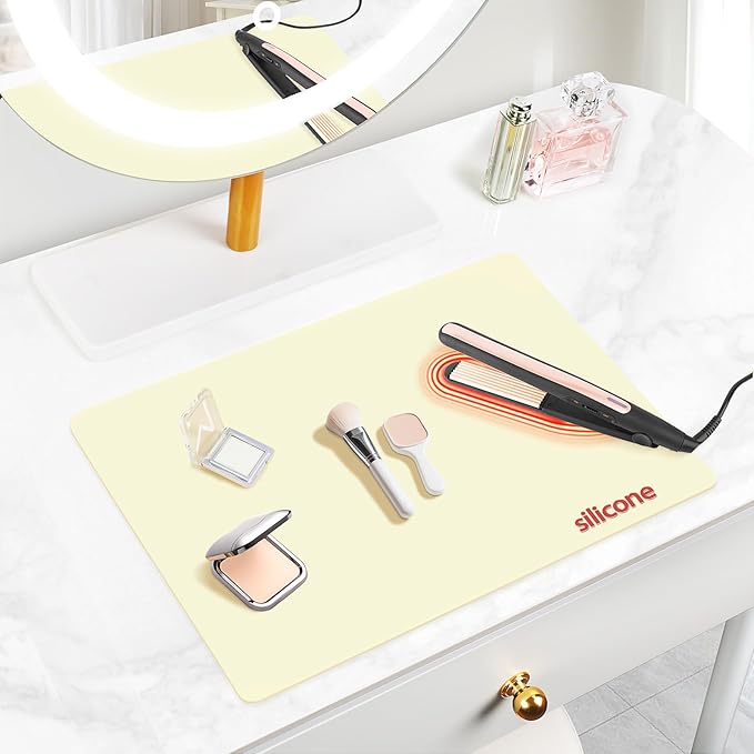 Silicone Makeup Mat for Vanity, 15.7" x 11.8" Heat Resistant Vanity Mat, Easy to Clean & Waterproof, Portable Makeup Accessories for Use While Traveling (Light Yellow)