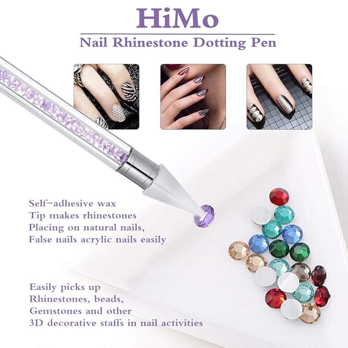 Nail Rhinestone Picker Dotting Tool with Extra 2 Wax Head, Dual-ended DIY Nail Art Tool With Pink Acrylic Handle,Colorful
