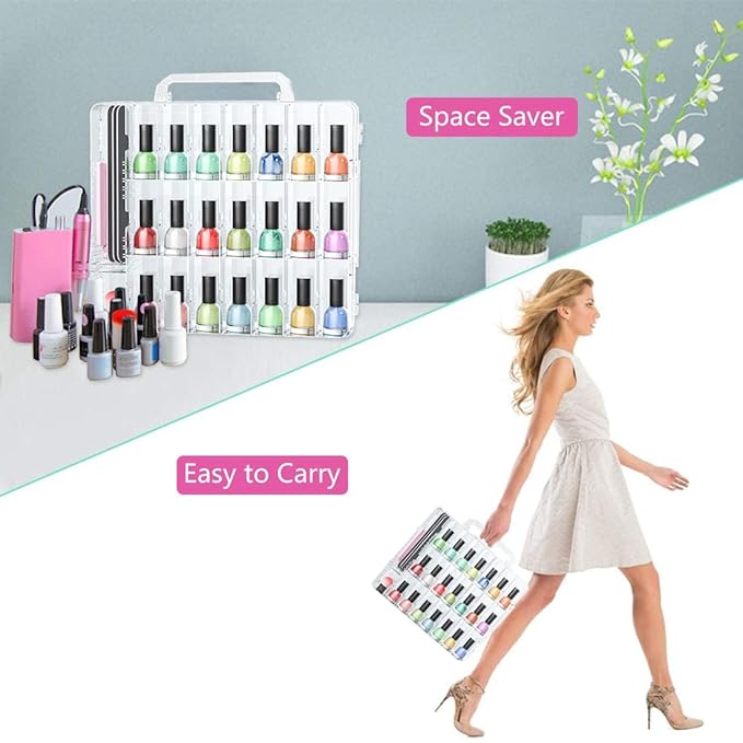 JIASHENG Nail Polish Organizer Case for 48 Bottles, Gel Nail Polish Storage Holder Double Side Adjustable Space Divider for Acrylic Nail Gel Dip Powder Tips Set with Two Toe Separator
