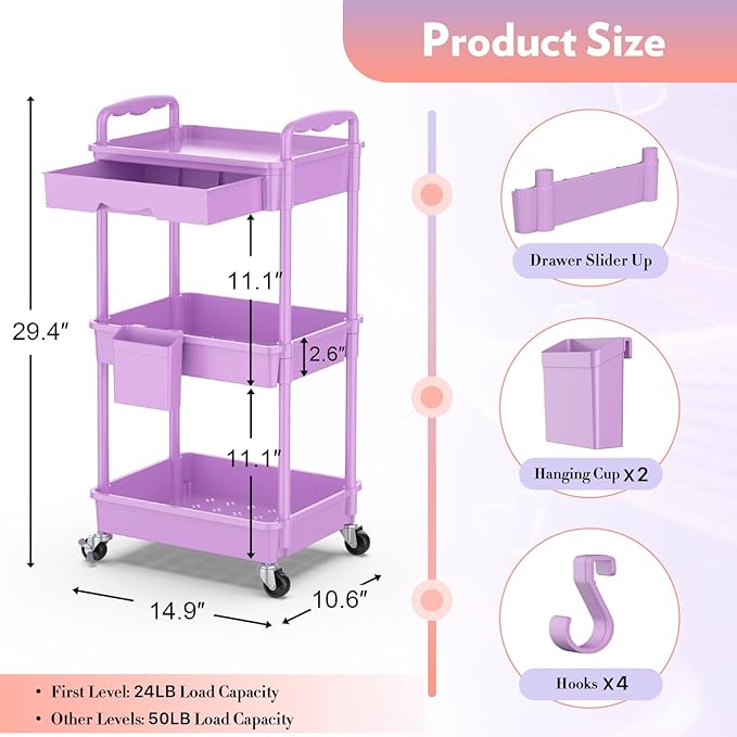 Makeup Cart Organizer with Drawers, Floor Skincare Organizers Vanity Storage Organizer, Rolling Makeup Bathroom Storage Cart Cosmetics Display Cases for Skin Care Perfume Nail Polish, Purple