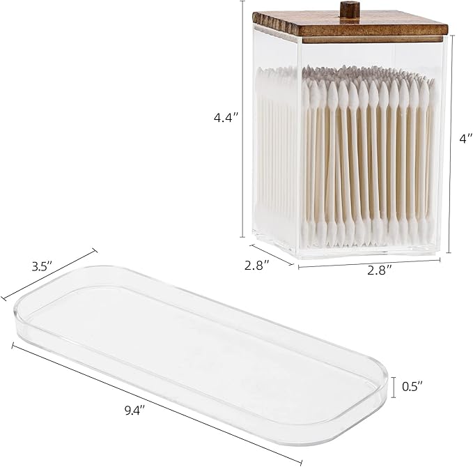 Tbestmax 12 OZ Cotton Swab/Ball/Pad Holder, Qtip Apothecary Jar, Clear Bathroom Containers Dispenser for Storage 4 Pack Black Wood Lids