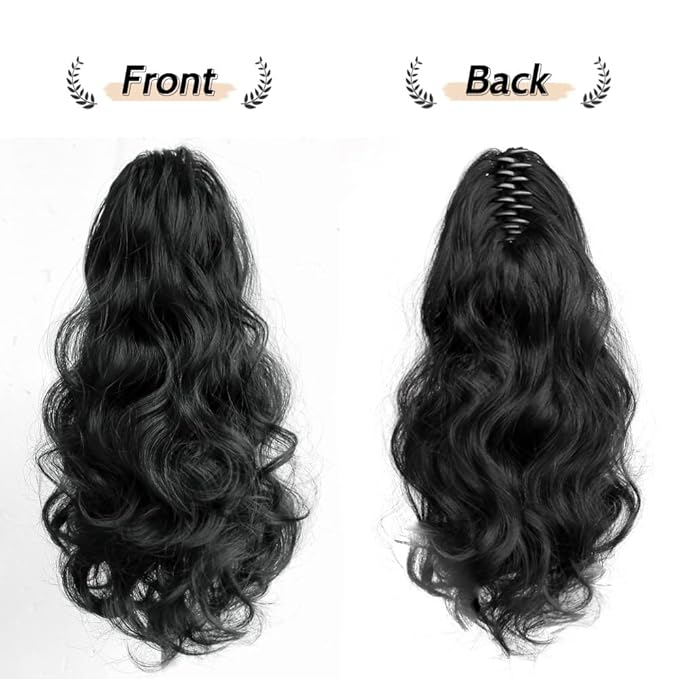 Claw Clip Ponytail Extension 16" Wavy Clips in Hair Extensions Curly Synthetic Pony Tails Fluffy Faux Ponytails Wigs Natural Hairpieces for Women Wedding Party Daily Use 6 Oz Dark Black