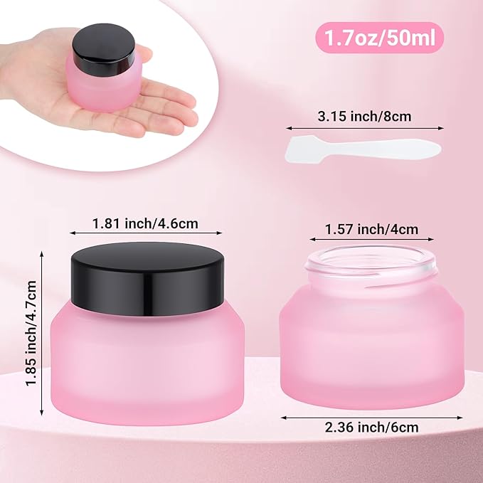 Segbeauty 1.7oz Small Frosted Glass Containers with Lids, Small Refillable Glass Jar for Lotion Cream Jars with Lids, Pink Travel Size Containers 4pcs 50ml, Empty Travel Size Bottles Jar with Spatulas