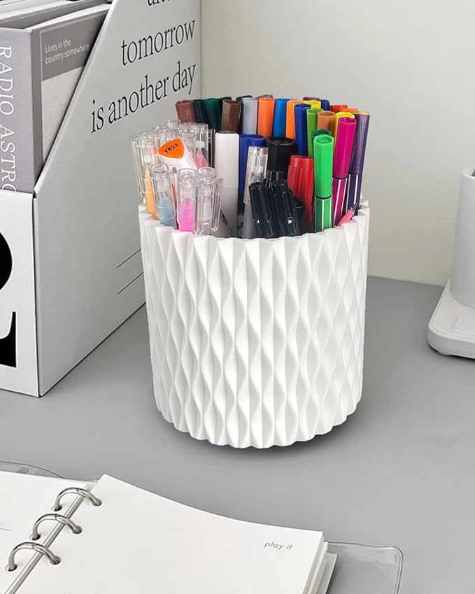 Rotating Pen Holder for Desk, 5 Slots Unique White Desk Organizer Easthetic Desktop Supplies and Accessories for Women Girls, Pencil Cup Caddy for Office Home Art Supply