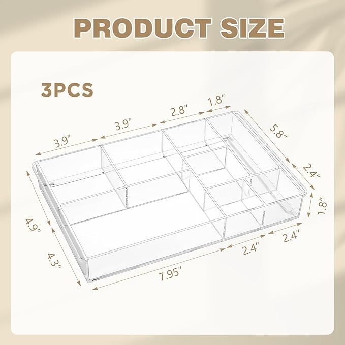 3 Pcs Clear Acrylic Desk Drawer Organizer 13.7 x 8.7 x 2 Inch Drawer Organizer Trays with 8 Compartments Desk Accessories for Office Makeup Silverware Bathroom