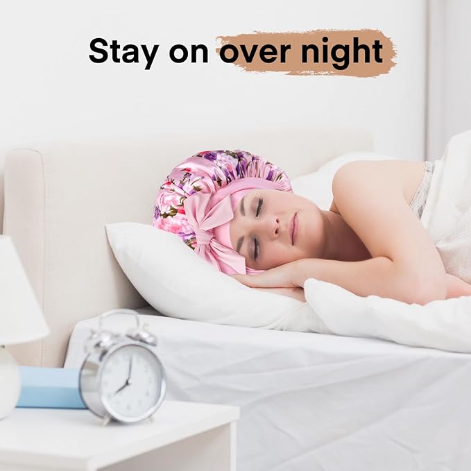 Arqumi 2 Pcs Satin Silk Bonnet for Sleeping Women, Long Strap Tie Band Adjustable Sleep Night Cap Curly Hair Bonnet Wrap for Braids Mother's Day Girls Gifts, Black + Pink Flower Pattern (Large)