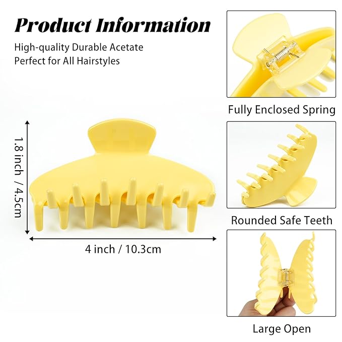 MAORULU Cute Claw Clip for Women – 4'' Large Acetate Hair Clips for Thick Thin Curly Long Hair, Durable Hair Clamps Non-slip Y2K Jaw Clip, Strong Hold, Stylish French Design (Lemon Yellow)