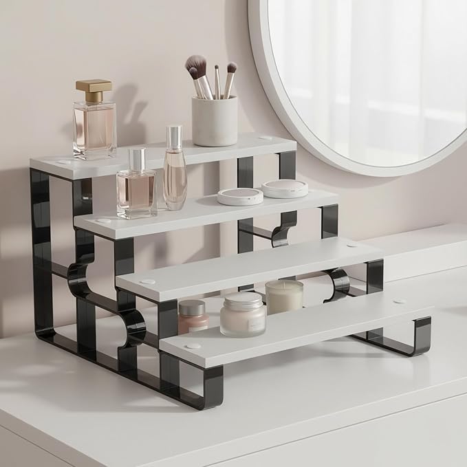 Wooden Bathroom Countertop Organizer,4 Tier Cologne and Perfume Organize for Men,Display Riser Stand for Bedroom Vanity,Bathroom Storage Shelf(White,4 Tiers-Width=11.2")