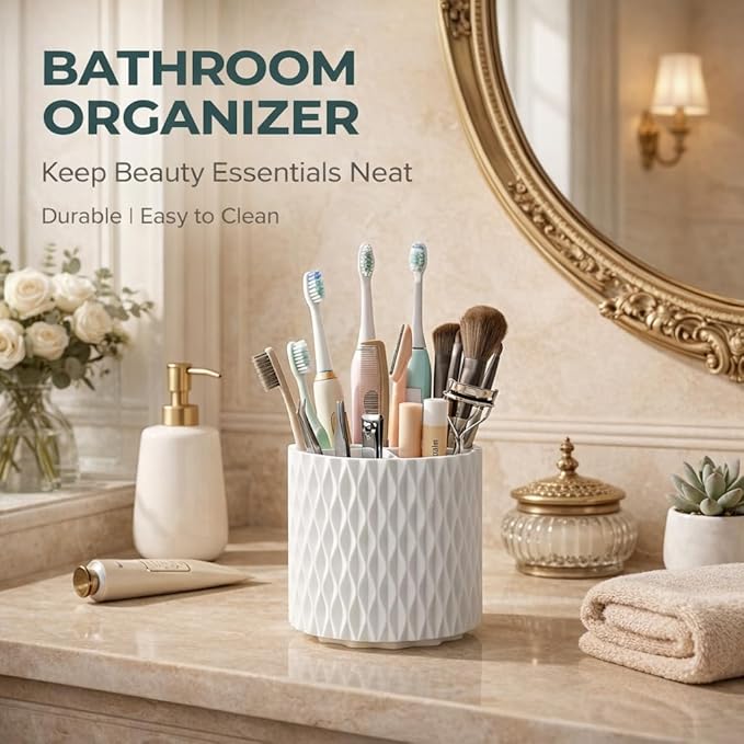 360° Rotating Makeup Brush Holder, 5-Slot Cosmetic Organizer Cup for Vanity, Desk & Bathroom Countertop, White