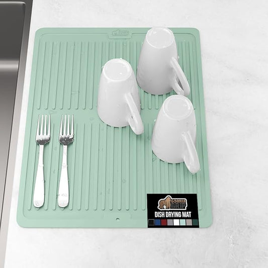 GORILLA GRIP 100% BPA-Free Patented Silicone Dish Drying Mat for Kitchen Counter, Water Catching Ribbed Design, Easy Clean Waterproof Sink Liner, Heat Resistant, Fits Under Rack, 12x16 Inch, Mint
