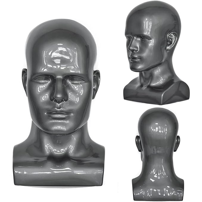 PVC Silver Grey Male Mannequin Head Display Head Stand Wig Display Head Model Men Manikin Head Dolls for Display Headset, Headphone, Game Console, Hats, Wigs Jewellery (Silver Grey)